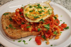 Spicy Beans And Pepperoni On Toast With Fried Eggs