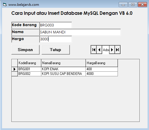 Source Code Input Data ke Database MySQL Menggunakan VB 6.0