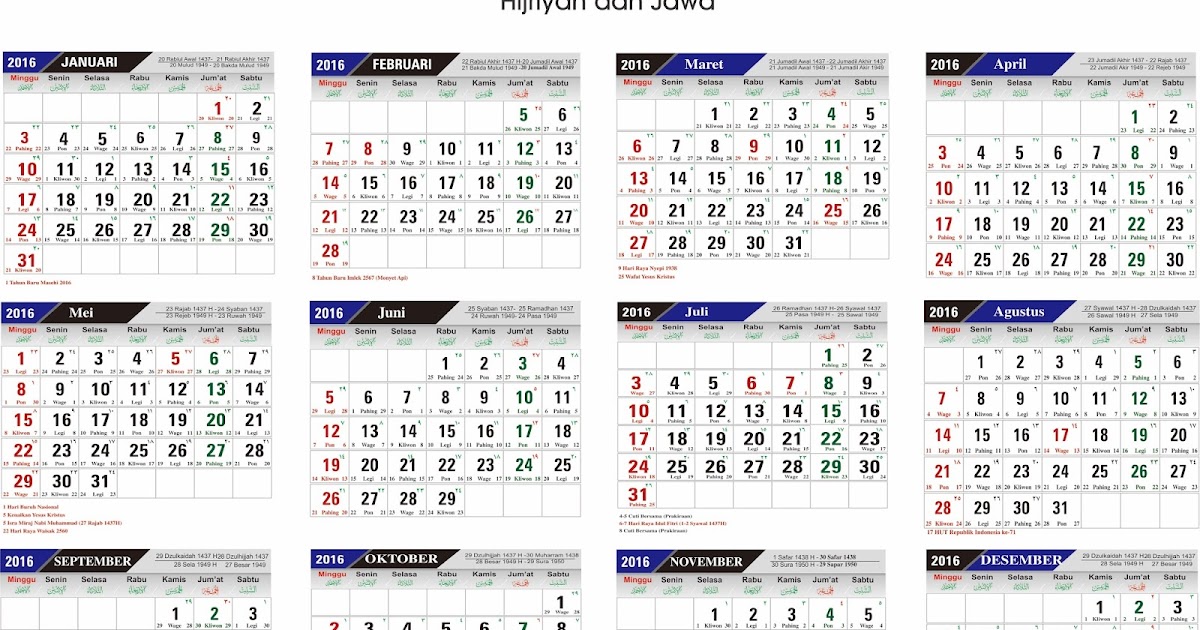 Kalender 2016 Lengkap - Terbarutau