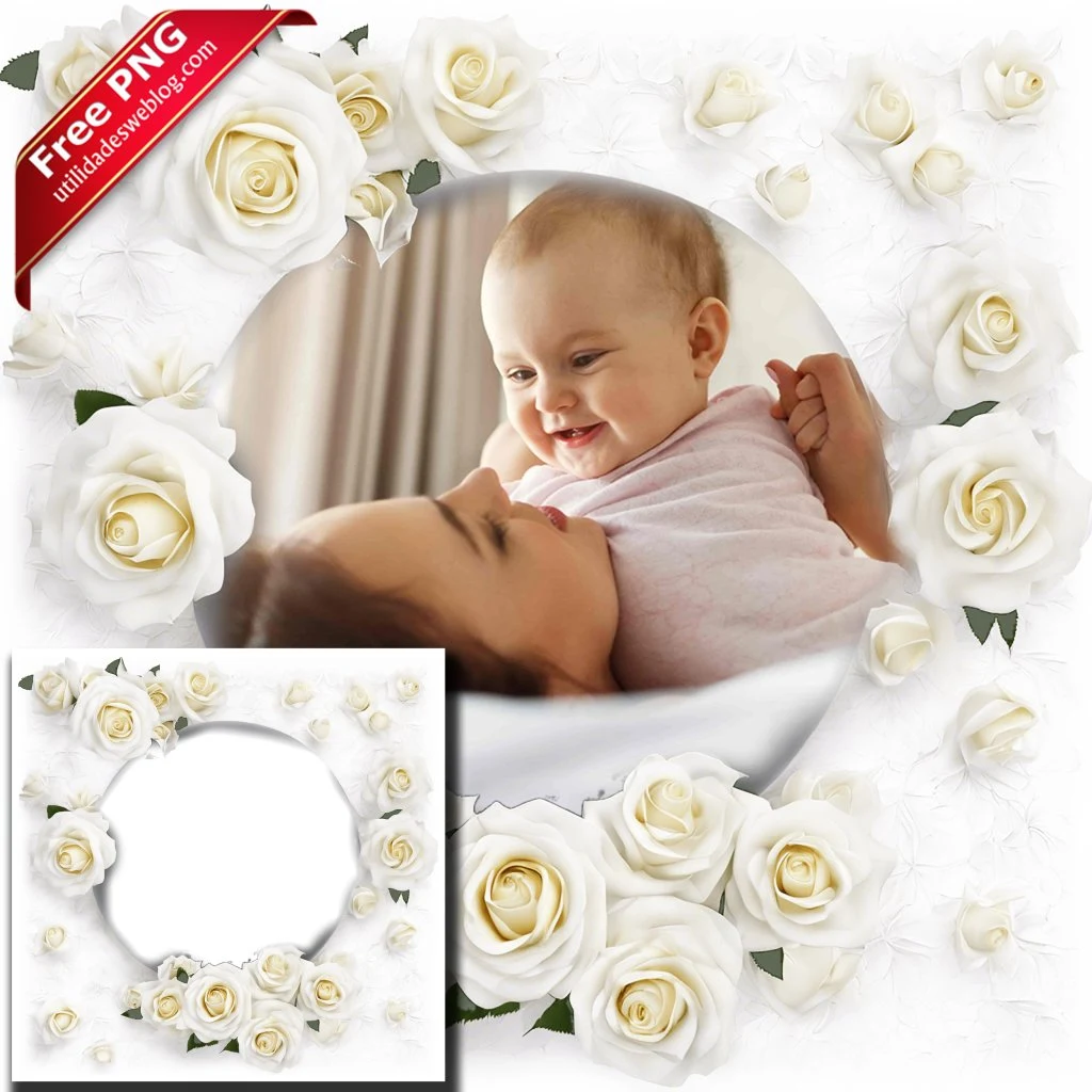 marco para fotos con flores de rosas blancas en png con fondo transparente para descargar gratis