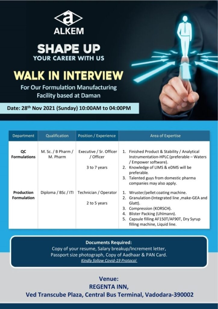 Job Availables,Alkem Walk-In-Interview For BSc/ MSc/ B.Pharm/ M.Pharm/ Diploma/ ITI