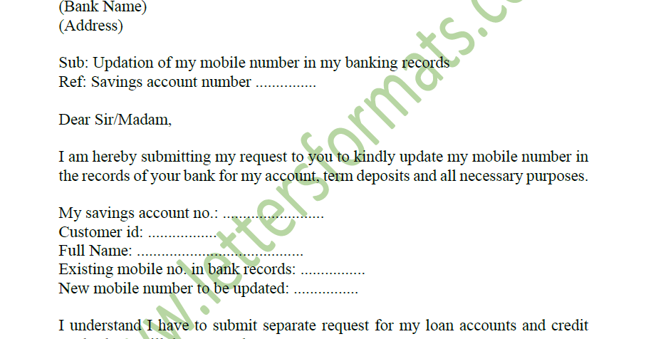 Request Letter To Bank To Add Change Update Mobile Number
