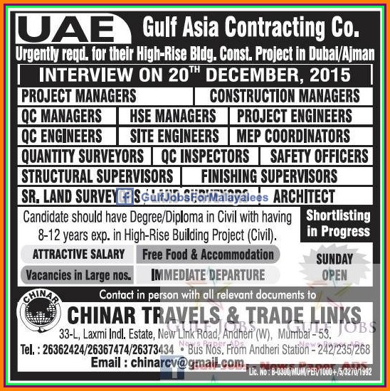 Gulf Asia Contracting co Jobs for UAE