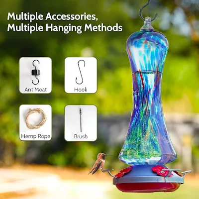 Hummingbird Feeder for Outdoors Hanging | Hand Blown Glass Hummingbird Gift with Perch