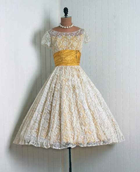 1950s vintage lace and yellow taffeta wedding dress