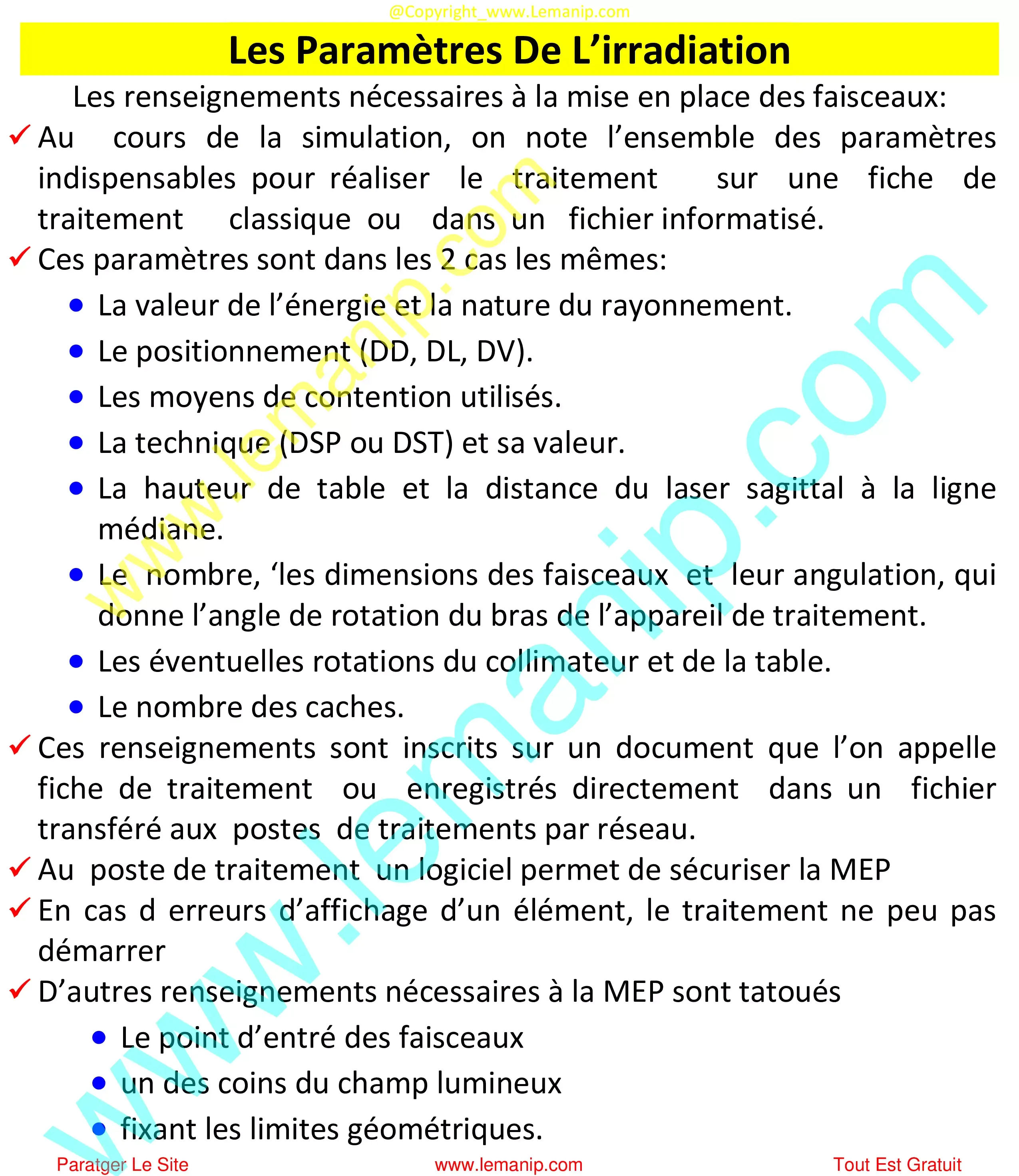 Les Paramètres De L’irradiation