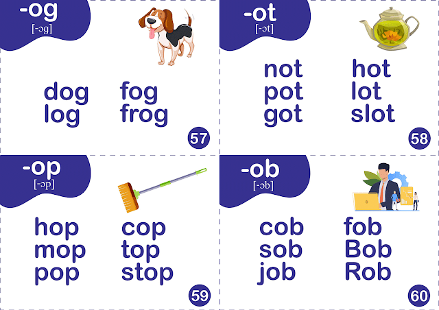 Short o sound words - printable flashcards for ESL students