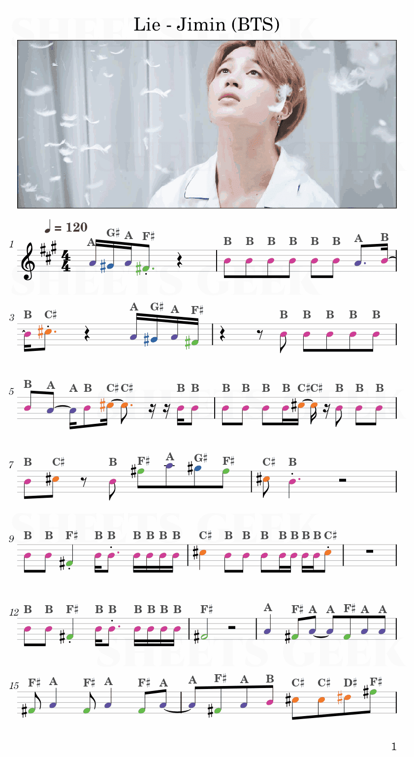 Lie - Jimin (BTS) Easy Sheet Music Free for piano, keyboard, flute, violin, sax, cello page 1