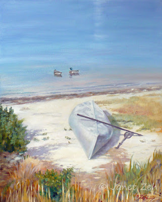 An old overturned canoe rests in the sand in this custom oil painting