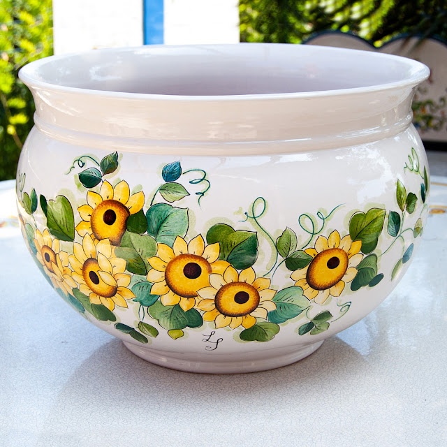 Portavaso/Vaso in ceramica decorata a mano, Decoro Girasoli