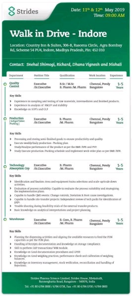 Strides pharma sciences limited walk in drive for multiple positions on 11&12th May 2019