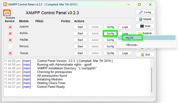 xampp control panel version 3.2.3 edit config files my.ini