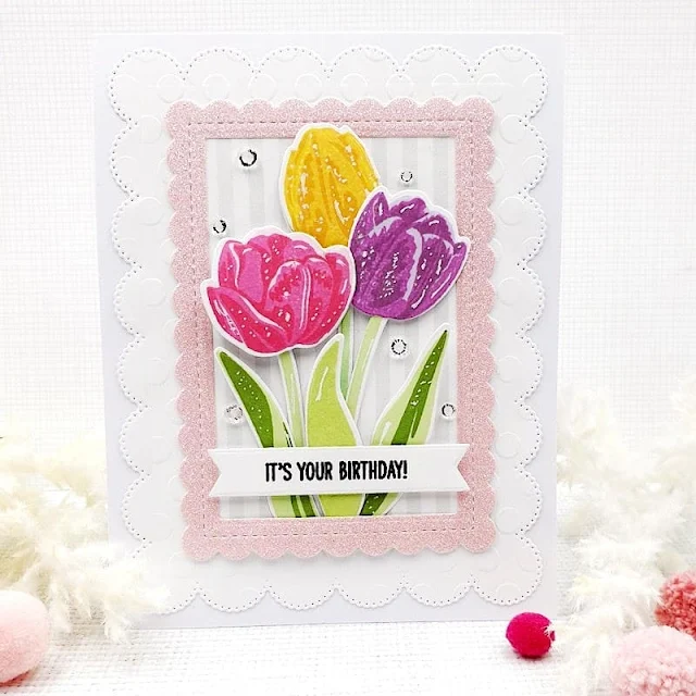 Sunny Studio Stamps: Tranquil Tulips Everyday Card by Tina (featuring Frilly Frame Dies, Mini Mat & Tag Dies)