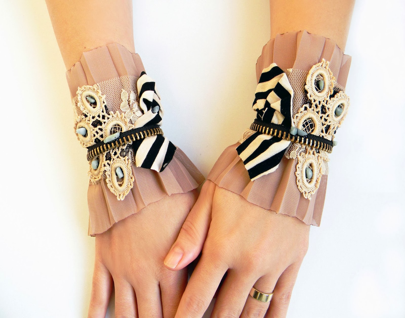 Fancy Cuffs BraceletsTextile Fashion Cuffs Vintage Steampunk Collage Nude Veil and Crochet