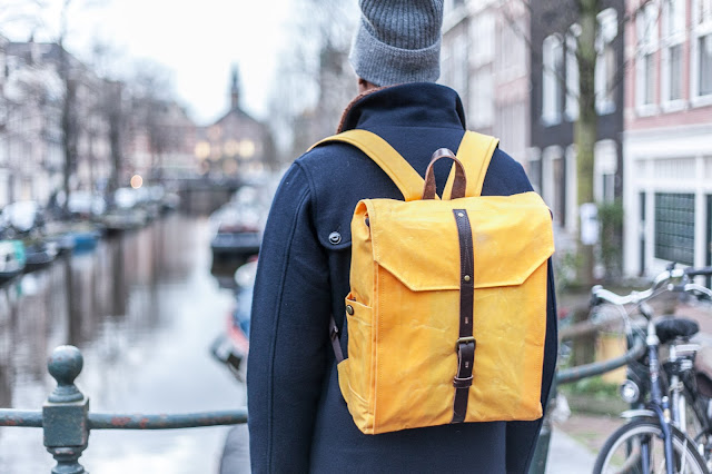 property of..., property of bags leather goods, wax leather backpack, camera bag, property of amsterdam, mens backpack, womens tote bag, waxed ripstop cotton, yellow backpack, blue bag, commuter bag, menswear blogger