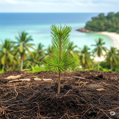 Pine Tree Sapling with tropic sea background.