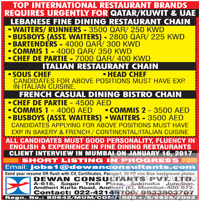 Qatar , Kuwait & UAE Restaurant field Job Opportunities