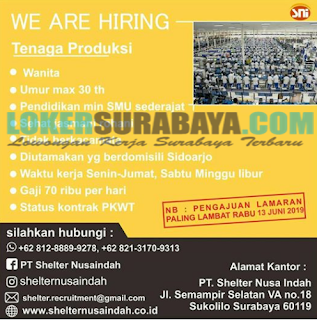 We Are Hiring at PT. Shelter Nusa Indah Surabaya Terbaru Juni 2019