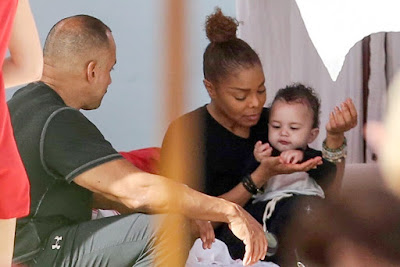 Janet Jackson pictured feeding her baby son Eissa in Miami Beach, Florida