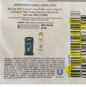 BOGO FREE Dove or Degree Deodorant Coupon from "SAVE" insert week of 10/23/22 ($7.50 value). BOGO FREE Dove or Degree Deodorant Coupon from "SAVE" insert week of 10/23/22 ($7.50 value).