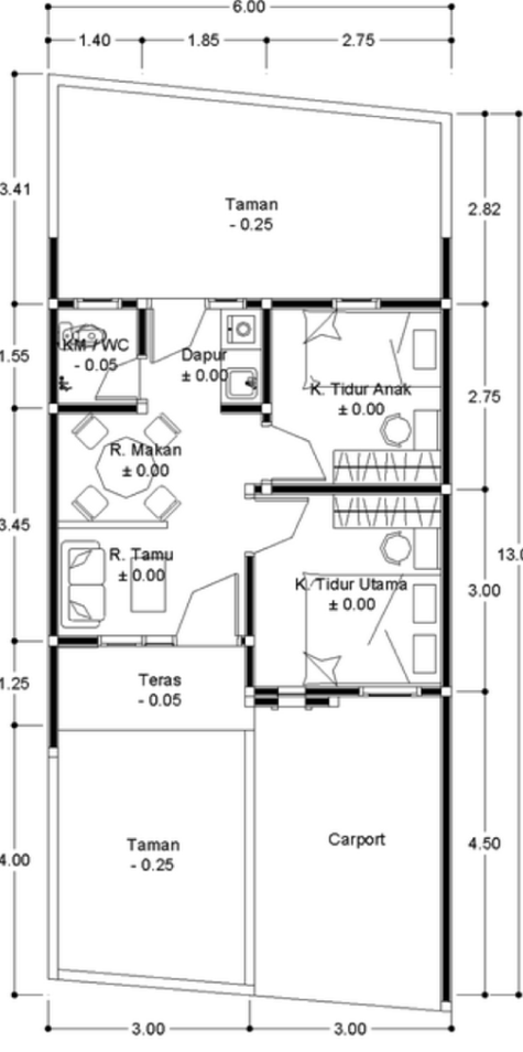 Denah rumah  minimalis type  36  dengan  2 kamar  tidur