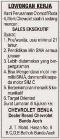 Lowongan Kerja Aceh - CHEVROLET BENUA Banda Aceh