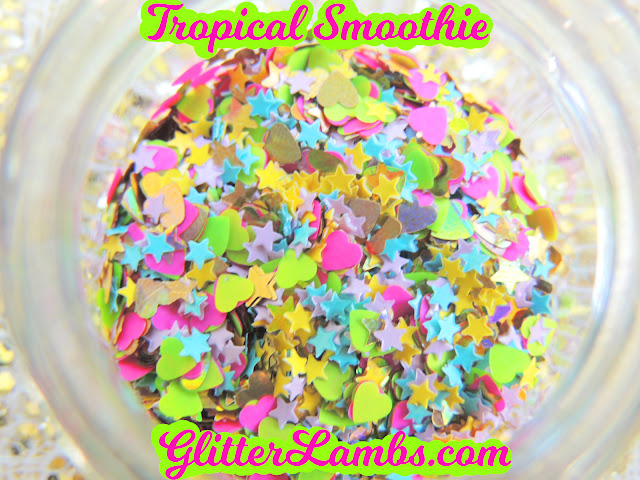 Tropical Smoothie-gold holographic hearts, gold holographic stars, neon green hearts, neon hot pink hearts, mini bubblegum pink stars, mini baby blue stars and mini yellow stars 