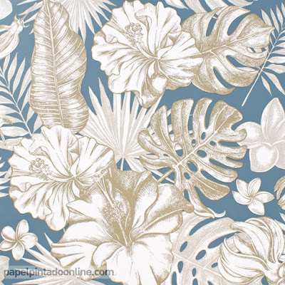 papel pintado tropical fondo azul hojas beige