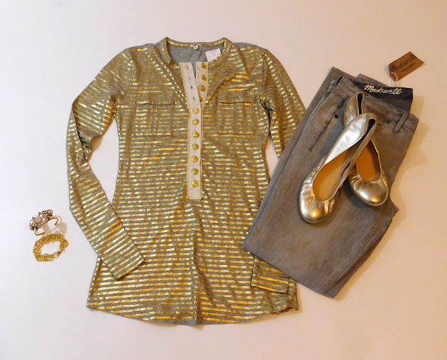 J Crew metallic shirt, j crew cece flats, j crew statement bracelets, bangles, madewell jeans, rothmans discount apparel