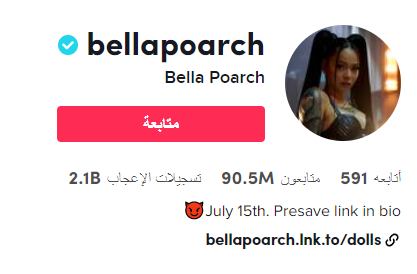 3  @bellapoarch    بيلا بوارتش   82.9 مليون متابع   1039.8      راقصة وشخصية على وسائل التواصل الاجتماعي راقصة  على وسائل التواصل الاجتماعي       الولايات المتحدة