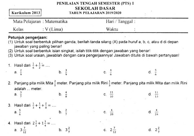 Kumpulan Soal Penilaian Tengah Semester (PTS) Ganjil Matematika Kelas 5 SD Terbaru Tahun 2019/2020 Gratis