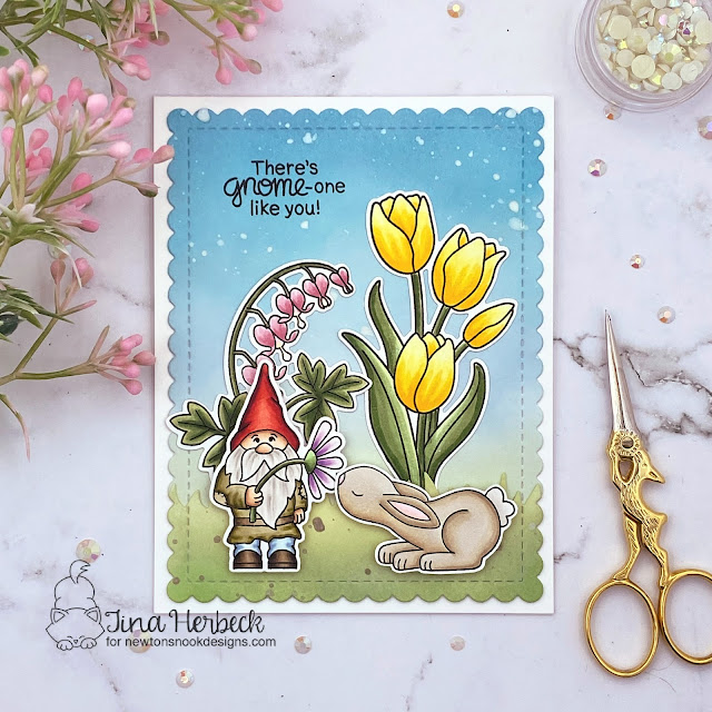 Gnome-one Like You Card by Tina Herbeck | Gnome Garden Stamp Set, Bitty Bunnies Stamp Set, Tulips Stamp Set, Bleeding Heart Stamp Set, Land Borders Die Set and Frames & Flags Die Set by Newton's Nook Designs #newtonsnook #handmade