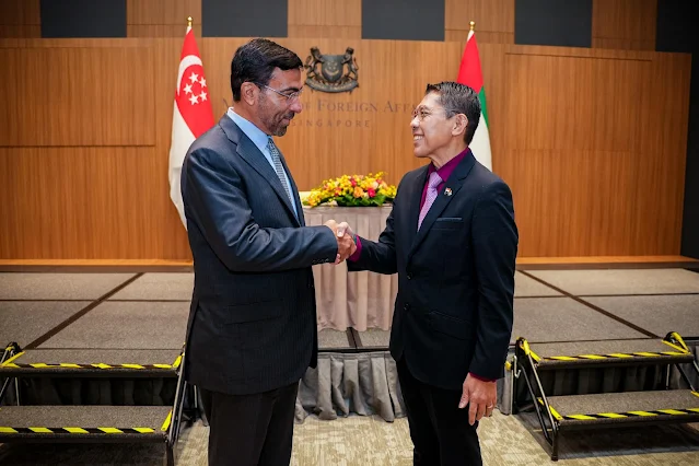 His Excellency Ahmed Ali Al Sayegh, UAE Minister of State, and Dr. Mohamad Maliki, Second Minister for Foreign Affairs and Second Minister for Education, convened at the Third Singapore-UAE Joint Committee (SUJC) meeting on June 8, 2023.