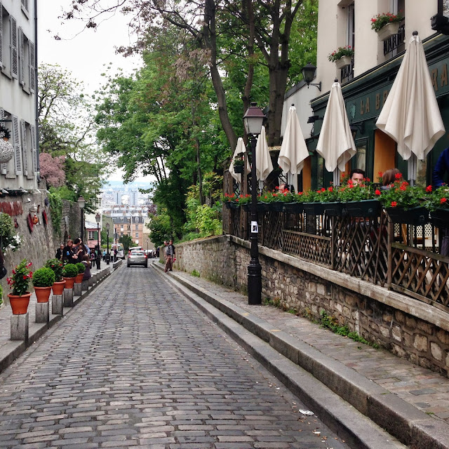 Beautiful cobblestone street in Montmartre Paris.