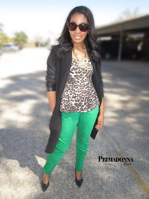 How to wear what to wear with green skinny pants leopard print peplum leather sleeve sweater coat Gabriella Rocha Saber Snake Print Black Heels Green Statement Necklace