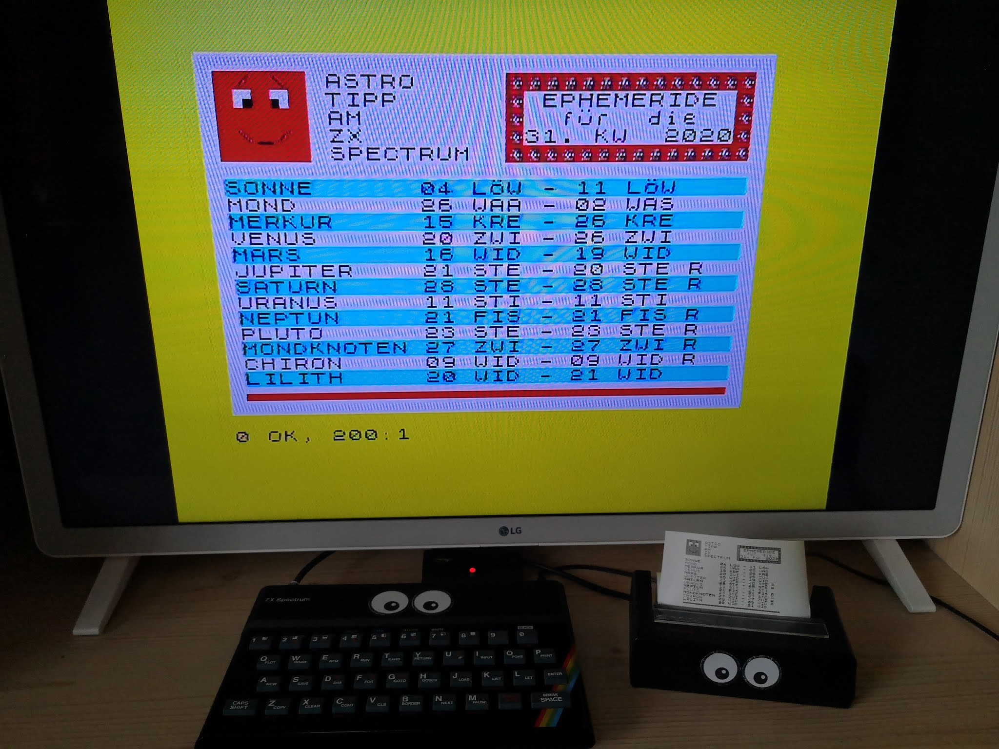 Planetenstände für diese Kalenderwoche am ZX Spectrum und ZX Printer