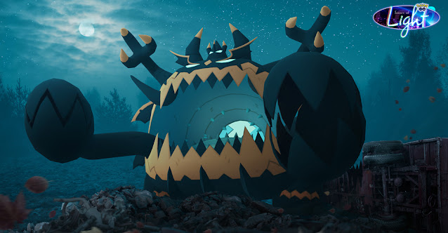 Imagem que mostra o Pokémon Guzzlord à noite em um terreno devastado. No canto superior direito da arte, há o logo do jogo Pokémon GO e o escrito "Season of Light"