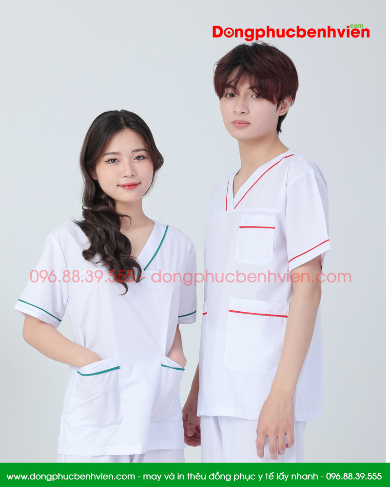 Bộ blouse cổ tim nam nữ- bộ scrubs kỹ thuật viên màu trắng có viền cộc tay cho bác sỹ, điều dưỡng, dược sỹ