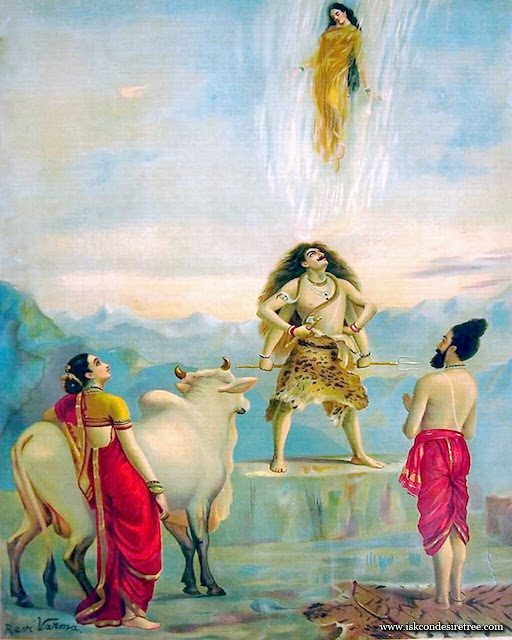 Beautiful painting of Raja Ravi Varma of Mother Ganga's Descent on Lord Shiva's Jata, watched by Mother Parvati and Tapasvin Bhagiratha