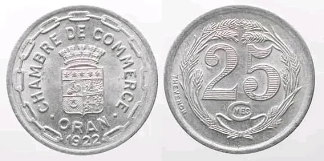 عملات نقدية وورقية جزائرية خمس وعشرون فرنك  جزائري ورقية قديمة