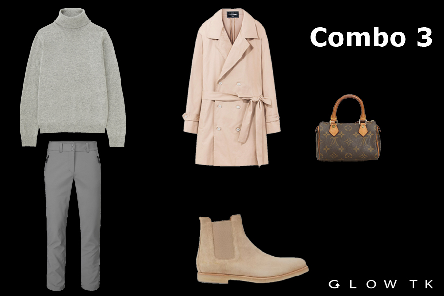 Áo len cổ lọ + áo choàng (trench coat) + quần tây + chelesa boot + túi xách