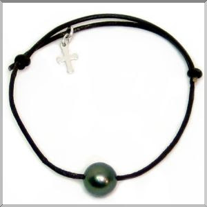 Tahitian pearl on black leather men's rex bracelet