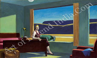 Appropriately for someone who enjoyed travelling so much, hotel rooms and lobbies were favourite subjects of Hopper's. The soullessness of the surroundings and the boredom and frustration of waiting provided him with ideal subject matter. Here he also conveys a feeling of tension, suggested by the woman's expression and rigid pose, but as usual he makes nothing explicit.