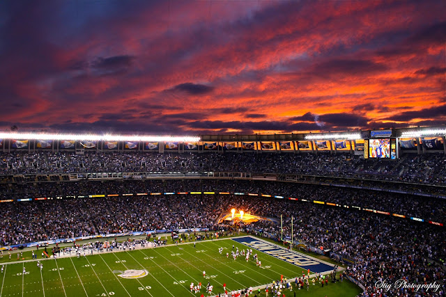 Touchdown Celebration at Qualcomm Stadium in the sunset when San Diego Chargers scored their second touchdown against Kansas City Chiefs the 1th of november 2012