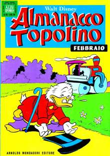 Almanacco Topolino 182 - Febbraio 1972 | ISSN 1123-878X | CBR 215 dpi | Mensile | Fumetti | Universo Disney
L'Almanacco Topolino iniziò ad essere pubblicato nel 1957 come continuazione degli Albi d'Oro, una rivista che proponeva, alternativamente, storie tratte dall'universo Disney e storie non-Disney.
Nei primi anni trenta, con il nome di Albi d'Oro, la testata Almanacco Topolino venne utilizzata per pubblicare albi speciali, stagionali o annuali come nella moda statunitense. Dall'ottobre del 1956 la testata ha affiancato e poi sostituito la serie degli Albi d'Oro, divenuto semplicemente una piccola dicitura in un quadratino in alto a sinistra.
Sull'Almanacco Topolino venivano preferibilmente pubblicati fumetti stranieri, principalmente a causa del suo formato più ampio che consentiva di pubblicare le storie tipicamente a quattro strisce dell'estero senza rimontarle o ridurle in dimensioni. Alcuni anni più tardi, nel gennaio del 1970, venne adottata una nuova numerazione, partendo dal 157, ovvero contando i numeri usciti dal gennaio 1957 in poi, che diventa così il primo numero ufficiale della serie. Fino al dicembre 1981, la rivista aveva la caratteristica di essere stampata alternando due pagine a colori e due in bianco e nero: dal mese seguente divenne invece interamente a colori.
Dal gennaio 1985 la rivista ha assunto un formato ridotto e ha cambiato il suo nome in Mega Almanacco e successivamente in Mega 2000 e in Mega 3000 (dal 2000). Nel corso degli anni novanta ha iniziato a presentare al pubblico anche storie danesi e brasiliane, oltre a quelle statunitensi e olandesi.
L'Almanacco Topolino è stato ripreso nel corso dell'aprile 1999 come trimestrale: presentava le ristampe delle più illustri storie mai pubblicate sulla prima serie. Si è conclusa con il numero 13 del marzo 2002.
Buona parte delle storie classiche apparse sulla prima serie della rivista sono ristampate sulla testata Le Imperdibili, che si avvale delle copertine di Marco Rota. Anche questa serie ha chiuso i battenti, con il numero 33 del settembre 2007.
La rivista ha avuto questi titoli:
- Albi d'Oro: inizia come settimanale, presentando anche storie non-Disney, quindi diventa mensile con storie solo Disney fino al dicembre 1956;
- Almanacco Topolino: dal gennaio 1957 fino al dicembre 1984;
- Mega Almanacco: partito con il numero 337, nel gennaio 1985;
- Mega 2000: partito dal numero 424, nell'aprile del 1992;
- Mega 3000: partito dal numero 521, nel maggio 2000;
- Mega: partito con il numero 596 ad agosto 2006, e terminato con il numero 613 a gennaio 2008.
Tutte queste serie sono da considerarsi un'unica collana in virtù della numerazione continua.