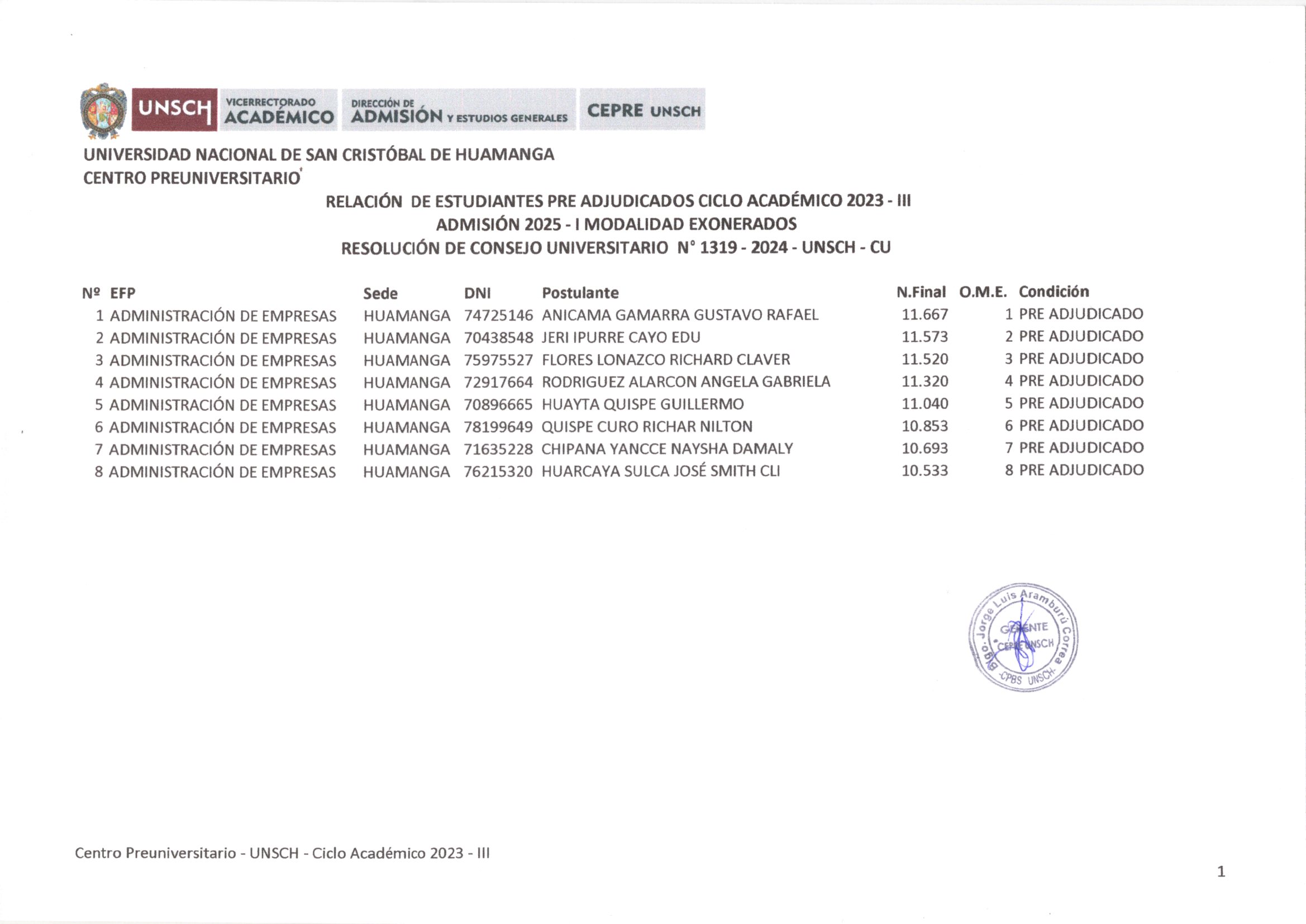  RELACIÓN DE ESTUDIANTES PRE ADJUDICADOS CICLO ACADÉMICO 2023 - III 