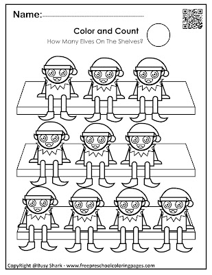 Free winter and christmas activity for kids, color and count the elves on the shelf , learn numbers from 1 to 10