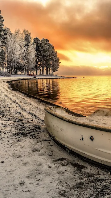 Sunset, Lake, Boat, Clouds, Snow, Landscape