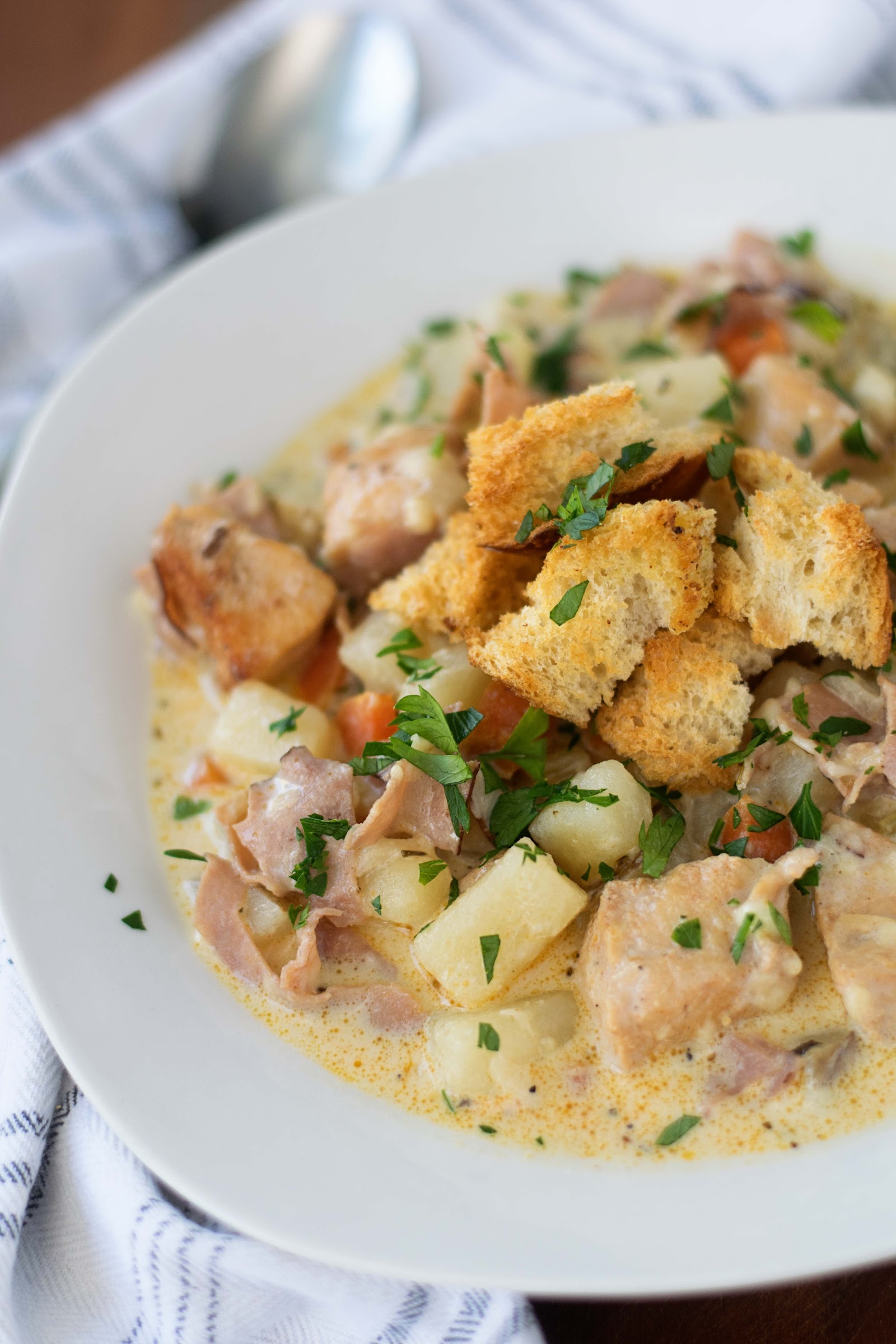 Creamy Chicken Cordon Bleu Soup with Homemade French Bread Croutons