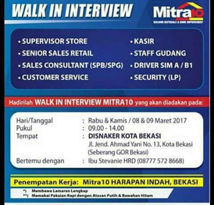 Walk In Interview Mitra 10 Harapan Indah 2017